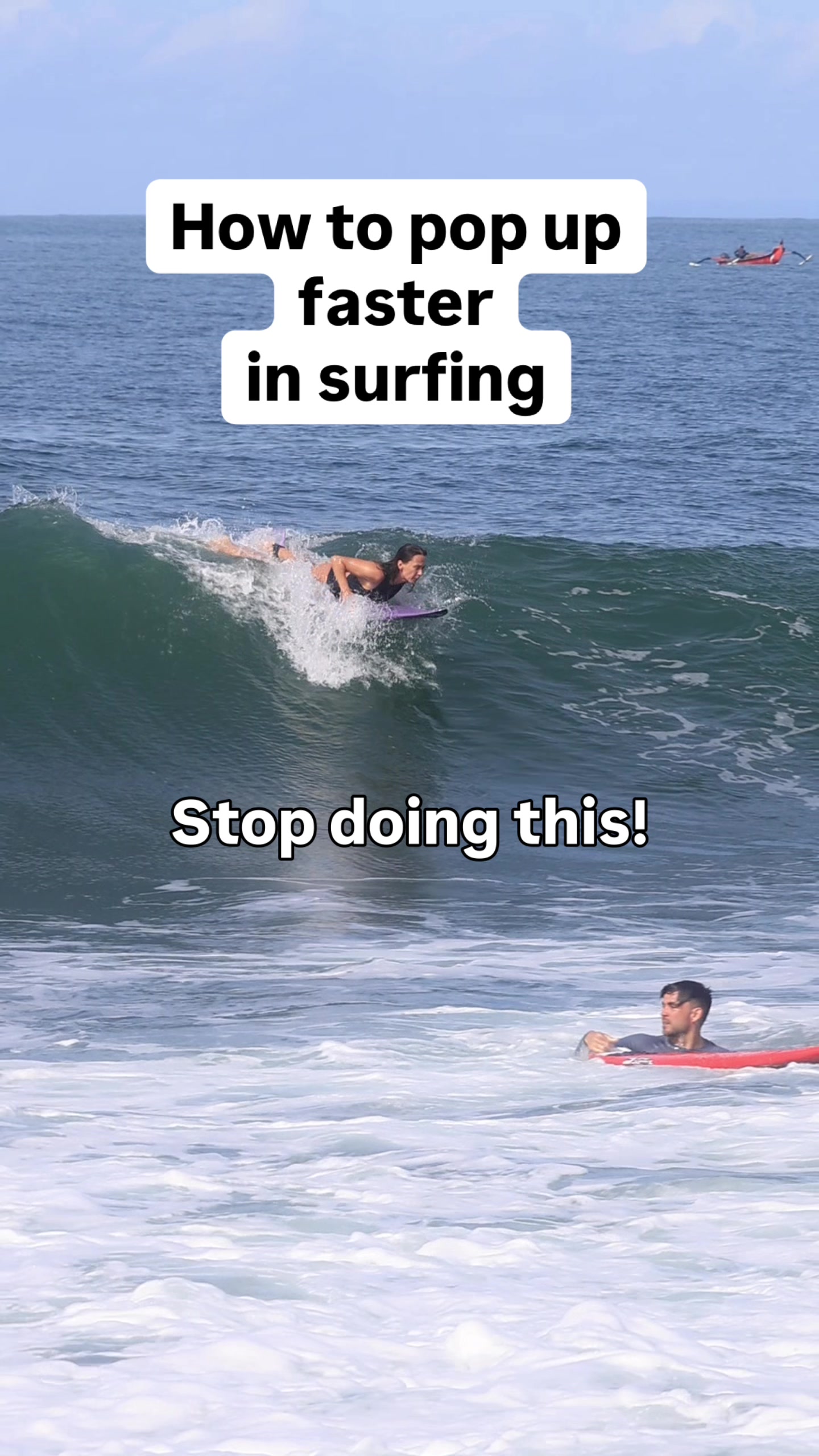 Want to pop up faster in surfing? The biggest mistake is doing your surf pop up in two slow steps. Keep your hands close to your ribs, look forward, and bring your feet underneath 